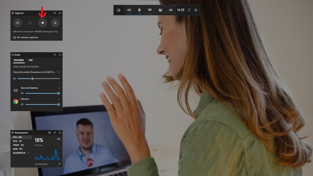 como gravar tela do pc - mulher em frente ao pc e o layout do xbox game bar ao redor