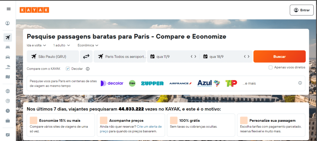 tela do buscador de passagens kayak