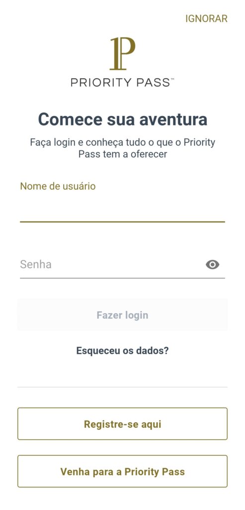 Tela principal do app Priority Pass.