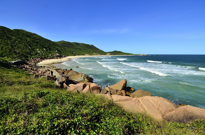 Praia Galheta em Florianópolis, ideal para visitar em janeiro. Uma beleza natural com mar cristalino e vegetação exuberante.